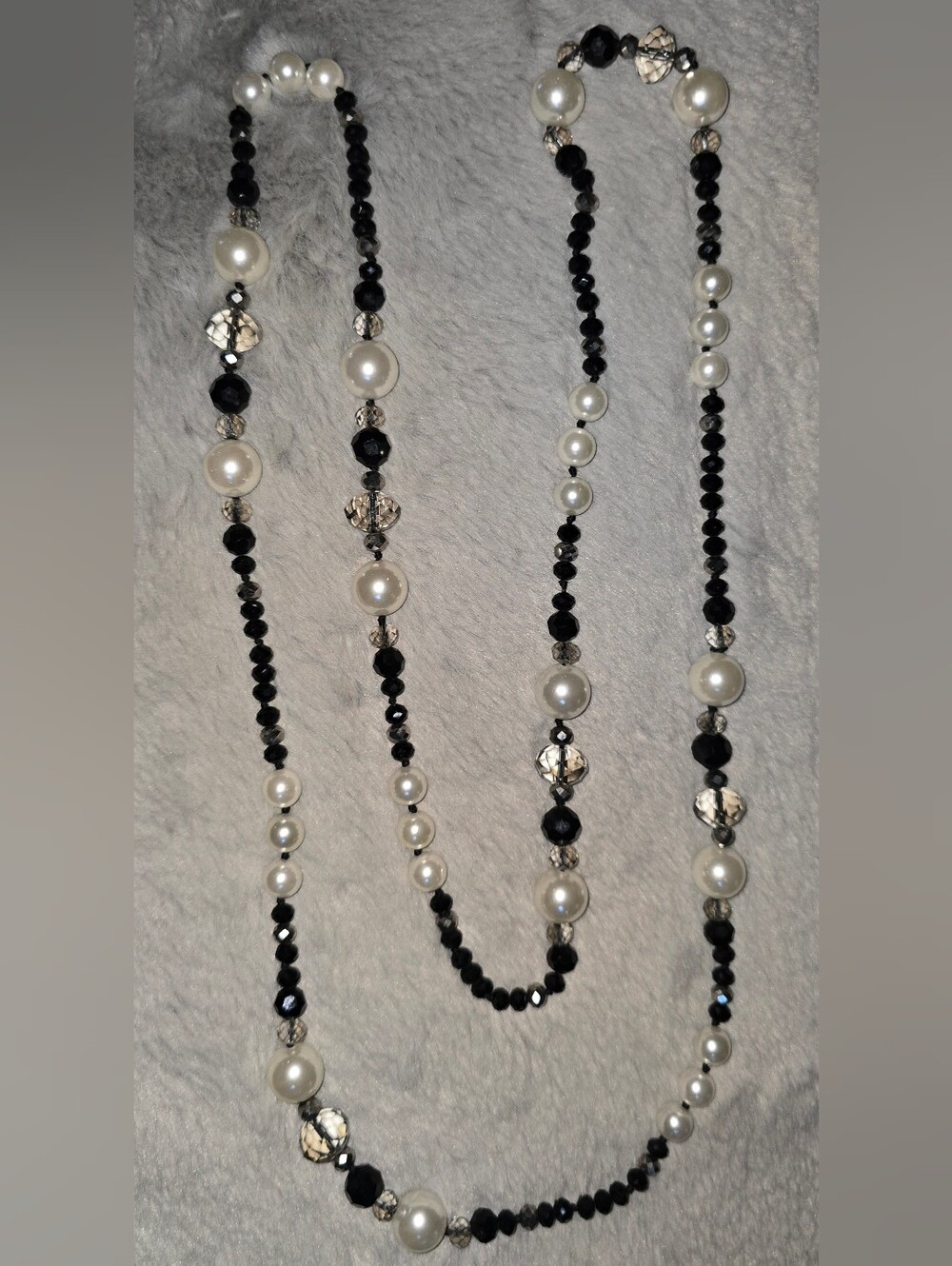 Vintage Infinity Loop Pearl Station Long Strand Necklace Faceted Glass Bead